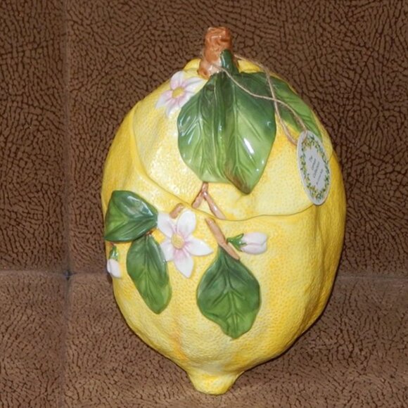 Corner Ruby Lemon Shaped Handmade Ceramics Cookie Jar with Lid 3D Decorated NWT